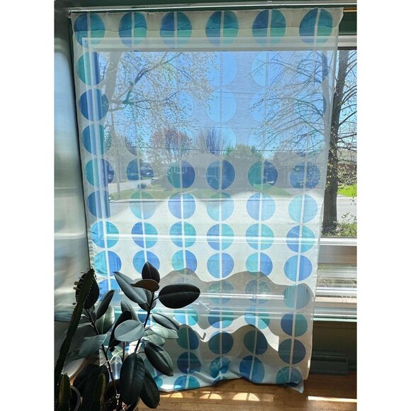 Vintage 70s curtain, blue oval geometric print, sheer, not hemmed, per panel - Picture 2 of 10